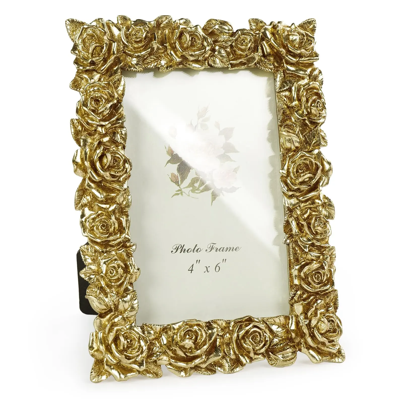 Vintage Gold 4x6 Picture Frame, Gold Ornate Rose Flower Resin Photo Frame with Glass Front for Tabletop or Wall Hanging, Antique Picture Frames for Home Office Decor