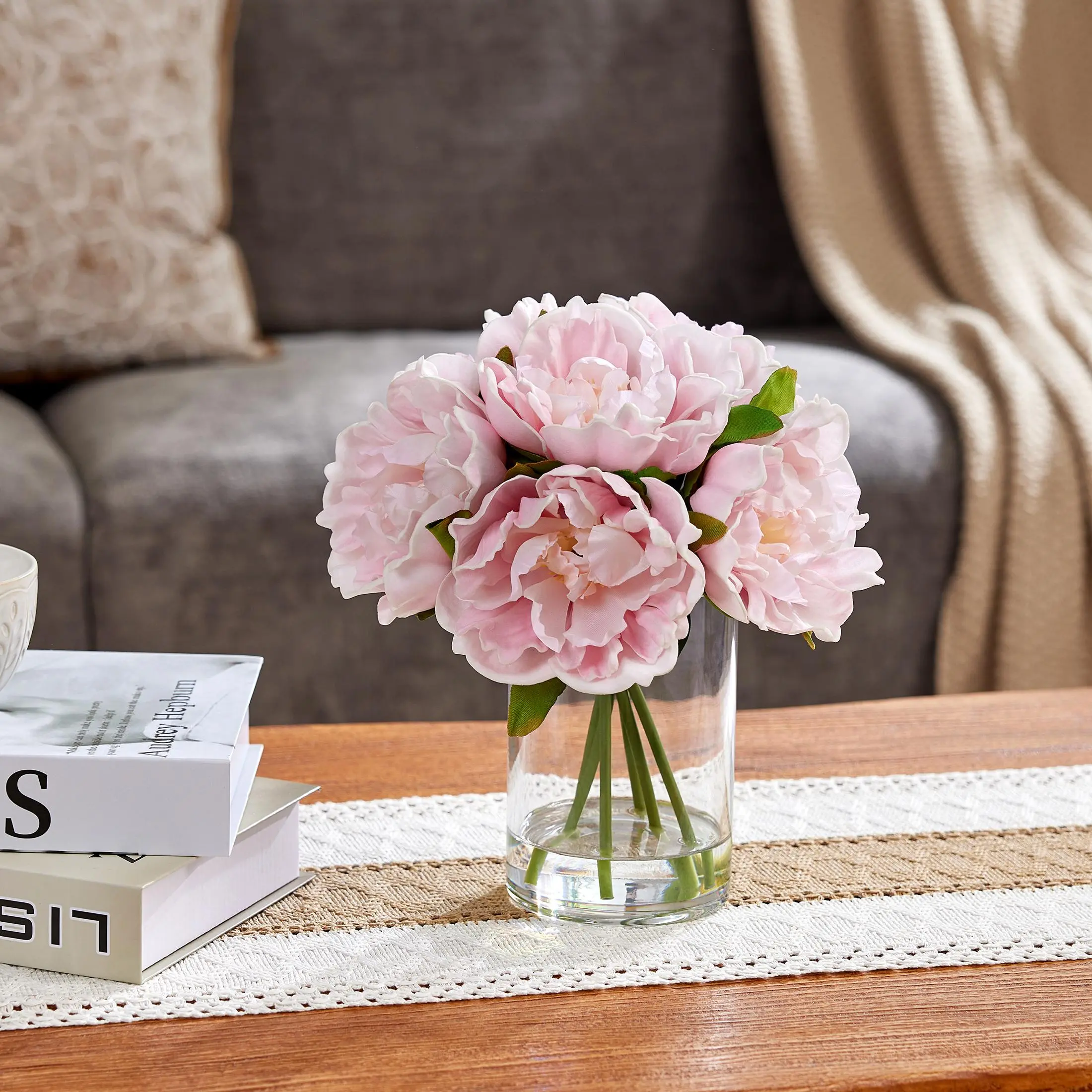 DR.Planzen 10.6in Silk Artificial Peony Bouquet, 6 Stems Decorative Evergreen Floral Arrangement in Glass Cylinder Vase with Faux Water, Home & Office Table Centerpiece (Pink/Red/White, Arrangement Box Inclusive)