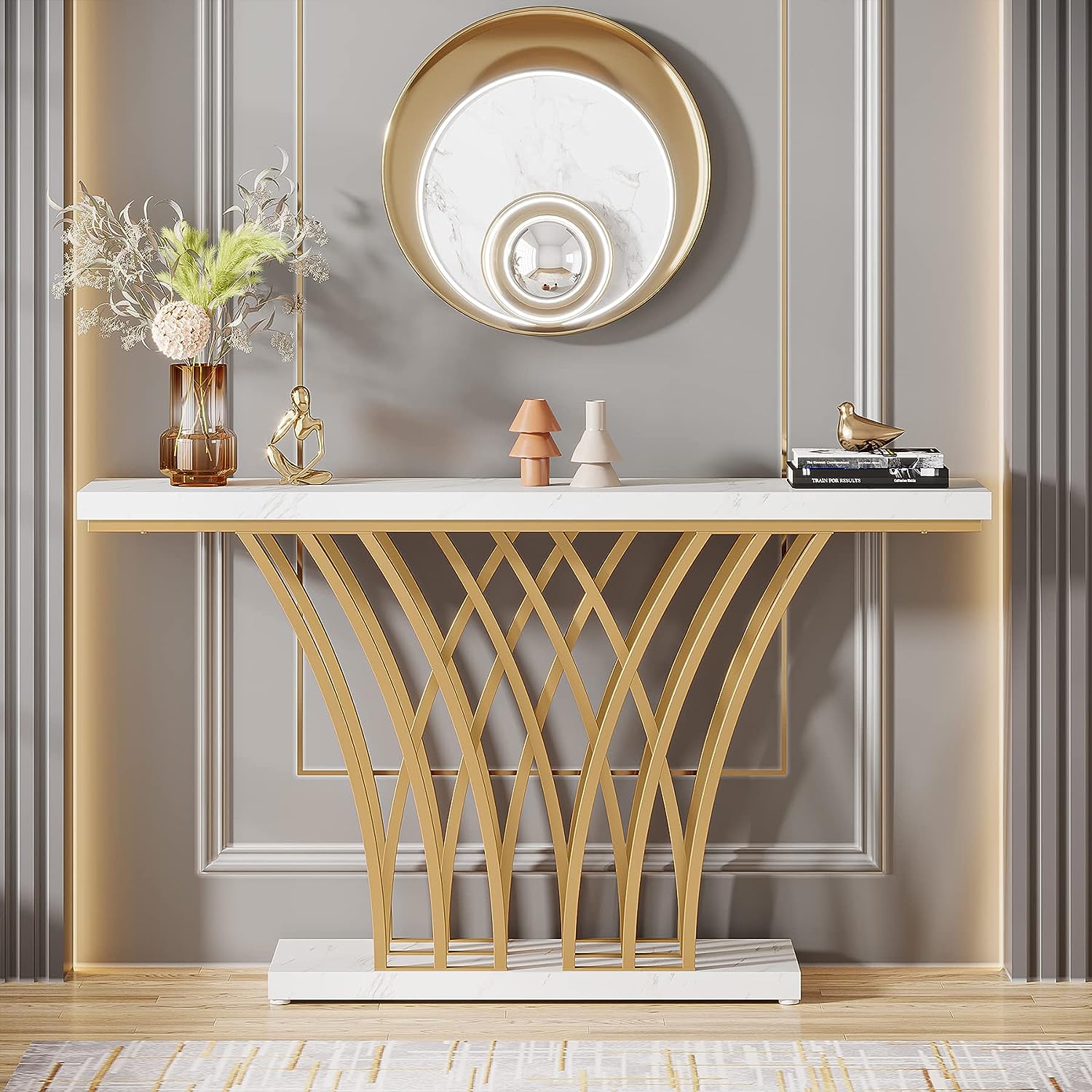 Tribesigns 59 inch Gold Console Table, Modern Entryway Table with White Faux Marble Toptable