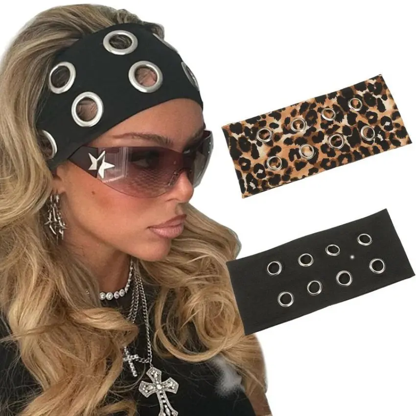 2 Piece Metal Eyelets Hollow Out Headband Set Elastic Wide Hairbands Harajuku Y2K Style Headwear Hair Accessories for Women Girls Streetwear Styling, Breathable Soft, Polyester-Spandex