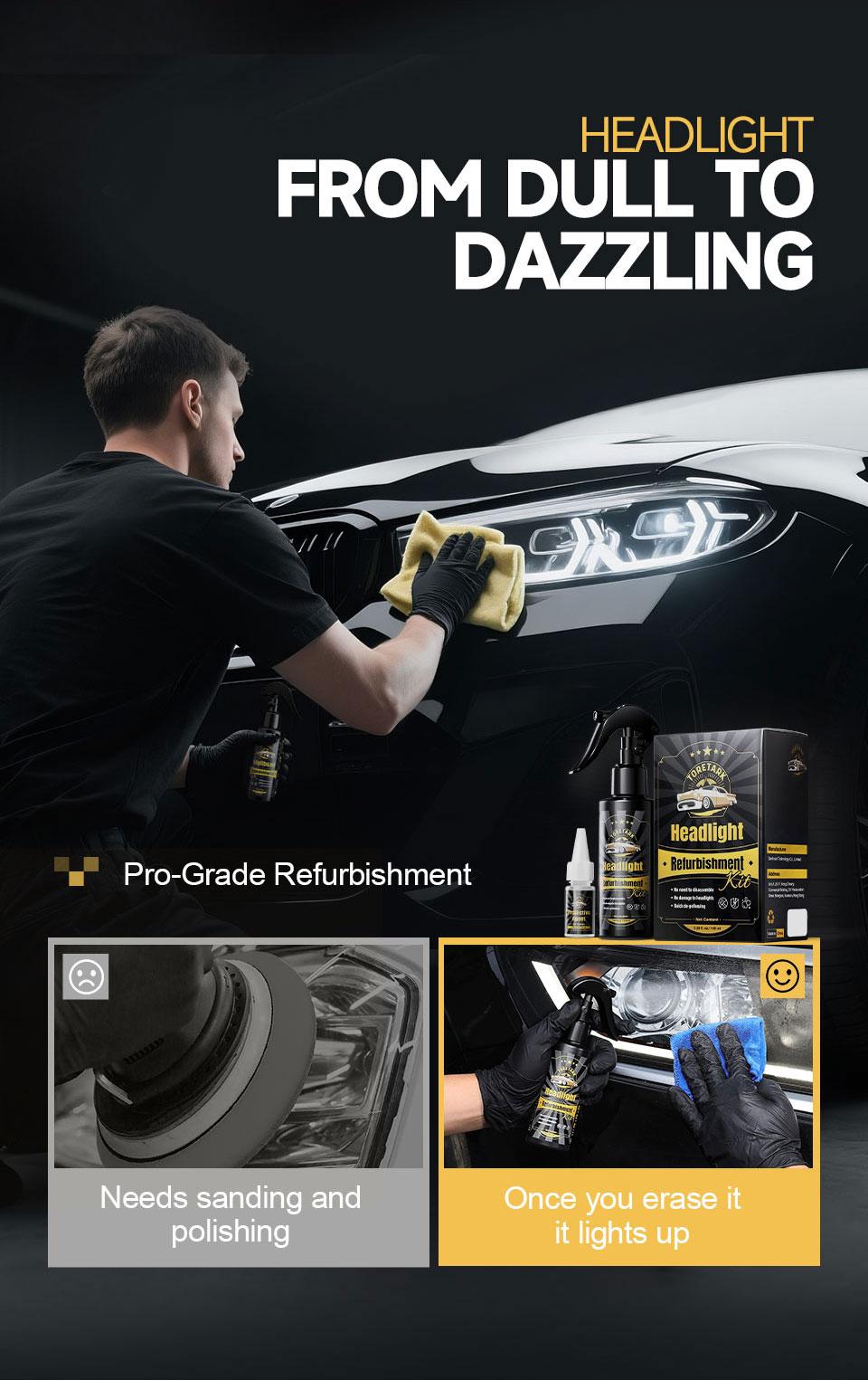 Toretark Valentine's Day Gift for Men, No-Sand Car Headlight Restoration Kits (100ML Cleaning Solution + 20ML Crystal Coating Agent), Repairs Oxidized And Yellowed Headlights, Crystal Clear Coating, Car Care Product