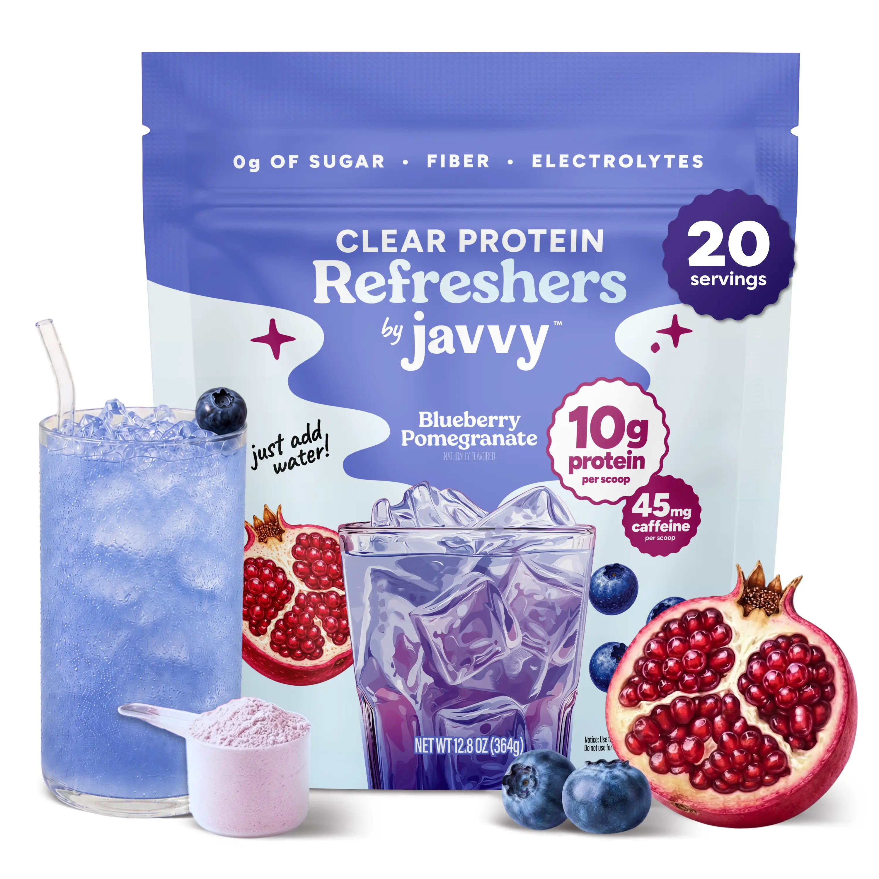 Javvy Blueberry Pomegranate Refresher - Premium Clear Whey Protein Drink with Electrolytes, Fiber, 45mg Caffeine, 0g Sugar, 100% Natural Flavors, 0 Artificial Colors & Sweeteners - 20 Servings