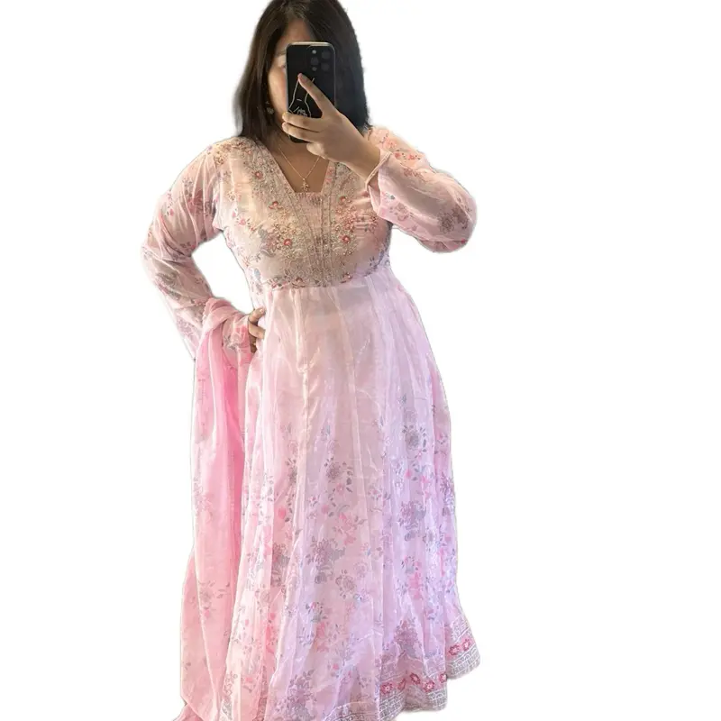 Women's Traditional Elegant Georgette Full-Length Anarkali Kurta Salwar Dress with Duppatta, Pink Floral Print, Long Sleeves, Casual Womenswear