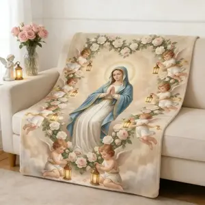 Virgin Mary with Cherubs & Rose Wreath Flannel Blanket  Soft Funny Throw Blanket Cozy Lightweight Plush Portable Cover Blanket For Sofa,Warm Gift For Birthday,Christmas,Multiple Blanket