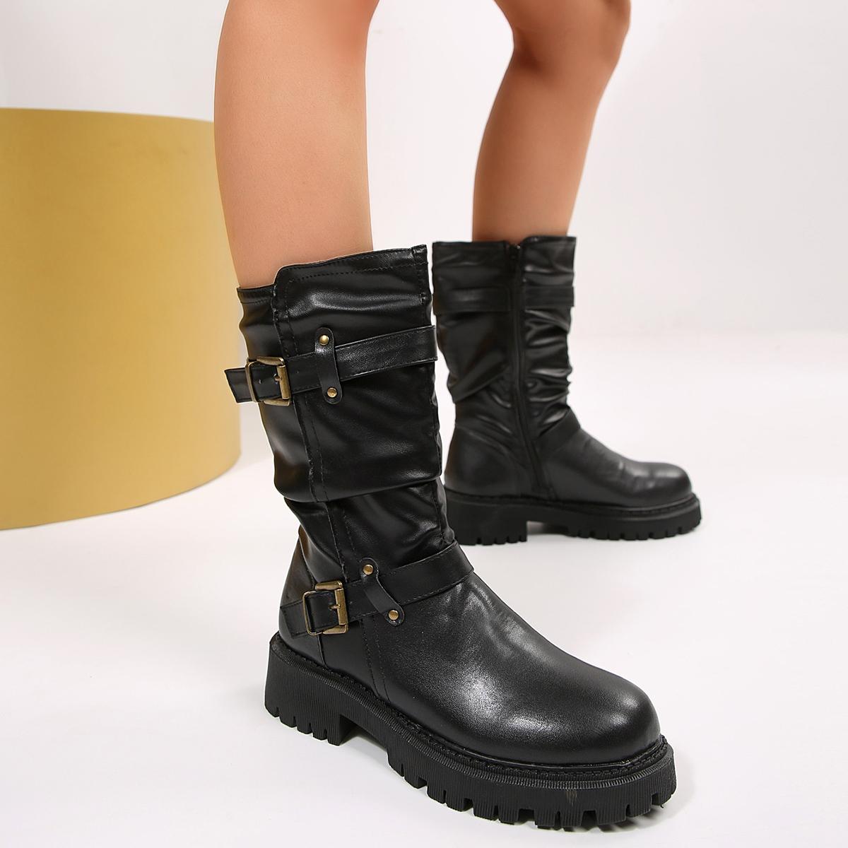 Women's Double Buckle Ruched Ankle Boots, Stylish Y2K Moto Winter Shoe, Womensfashion PU Leather Boots for Women, Low Heel Walking Footwear, Perfect Valentine's Day Gift