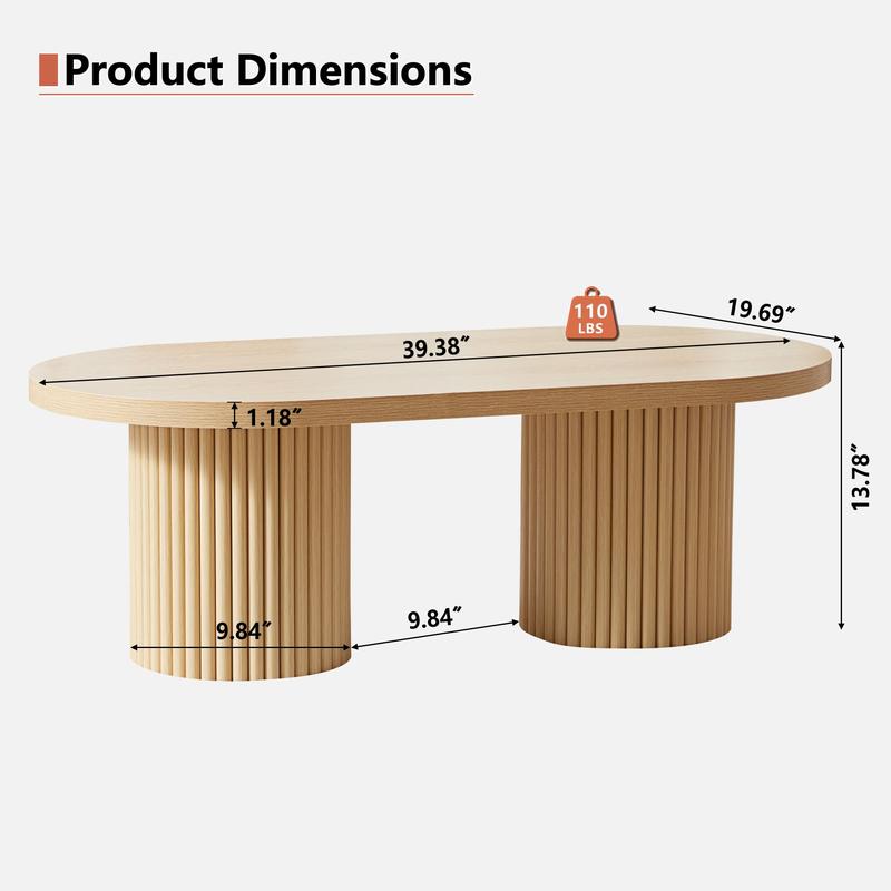 Giratree 39.38" Fluted Oval Coffee Table for Living Room, Boho Modern Coffee Table with Fluted Legs, Curved Round Wood Center Table for Home, Small Spaces, Office