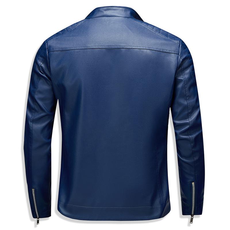 Men'S Faux Leather Bomber Jacket with Multiple Zipper Pockets - Stand Collar, Zip Closure, Polyester Lining, Regular Fit, Mature Style, Casual Outerwear|Stylish Bomber Jacket|Zippered Jacket