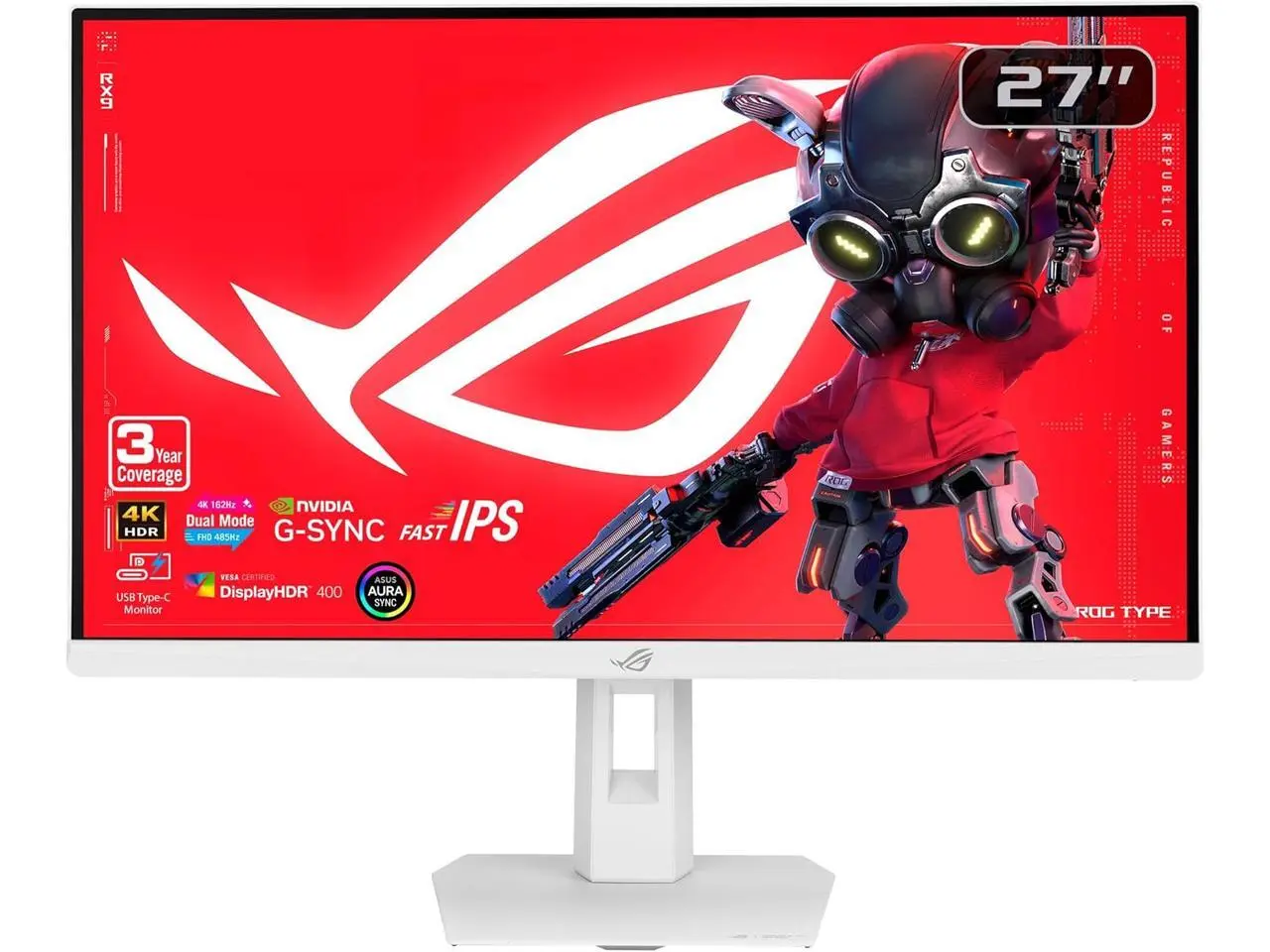 ASUS ROG Strix 27 inch Dual Mode UHD 4K 162Hz Full HD 485Hz IPS Nvidia G-Sync compatible 1ms HDR400 USB-C White Gaming Computer Monitor with Height Adjustable, Swivel, Pivot & Tilt Stand XG27UCGR-W