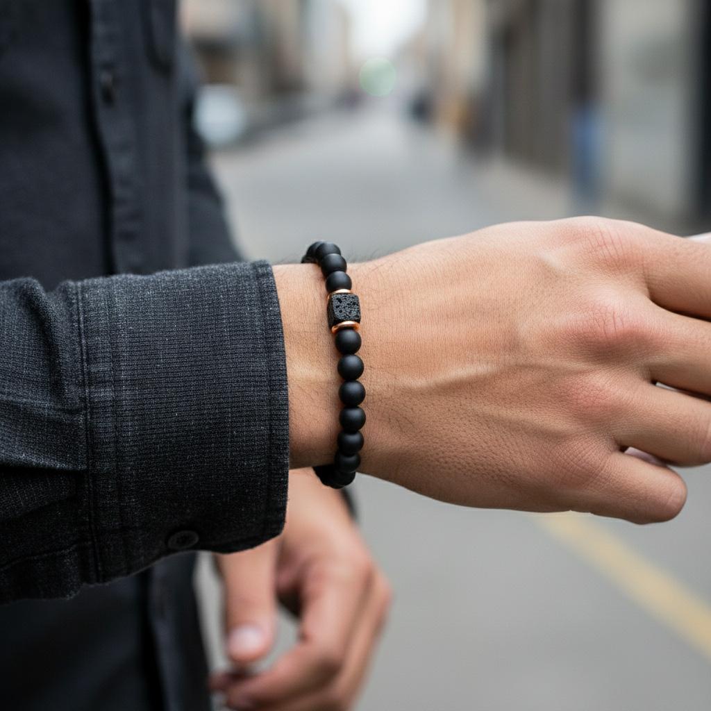 Agate Obsidian Hand Chain Bracelet Suitable for Men, 8mm Root Chakra Stone, Matte Finish Men's Energy Jewelry, Premium Bracelet, Boost Confidence & Stability