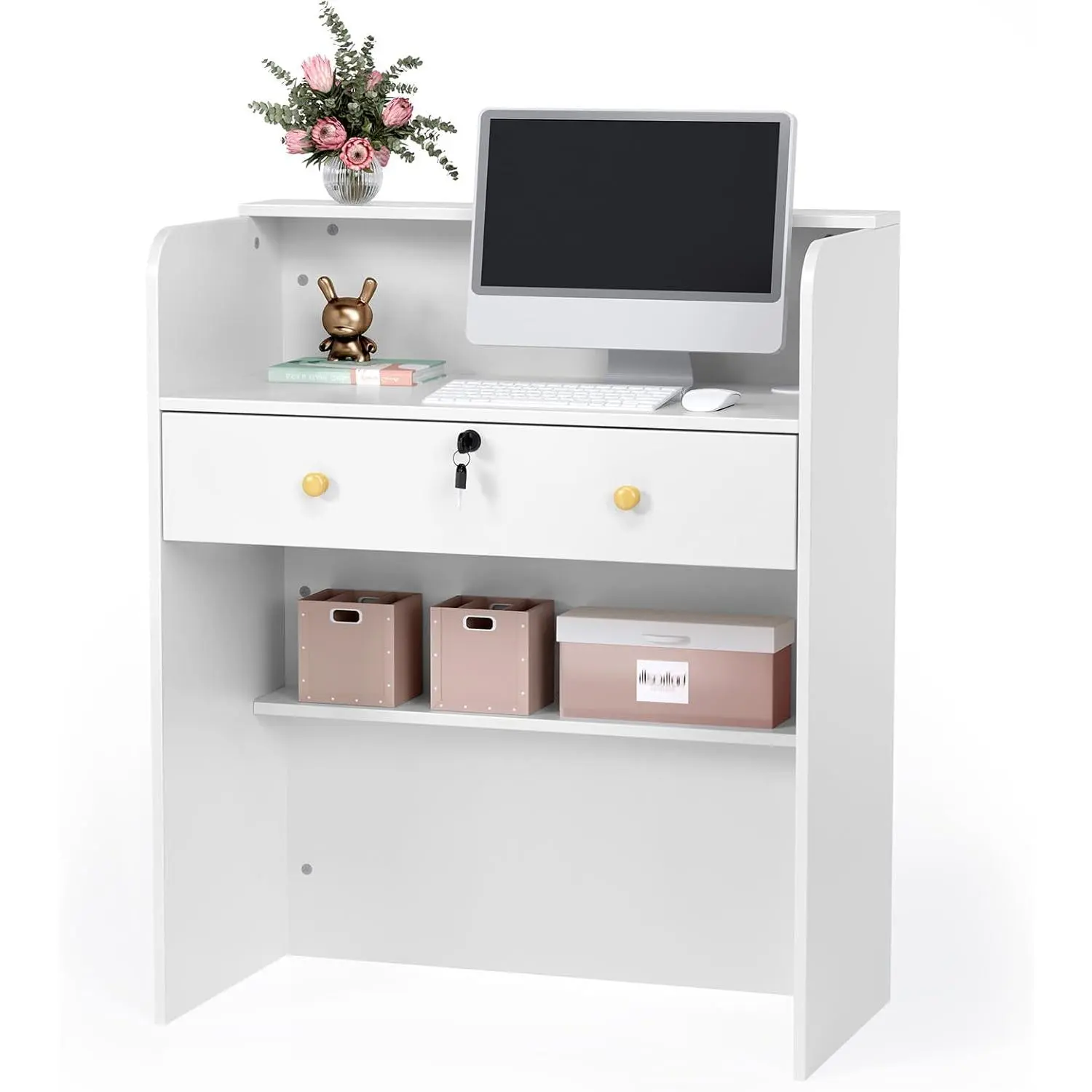 OmySalon Furniture-Style Compact Cabinet Reception Desk - Lockable Drawer, Minimalist Modern Style Design for Salon Lobby & Office Use, Furniture-Style Desks, Compact Cabinet Desks