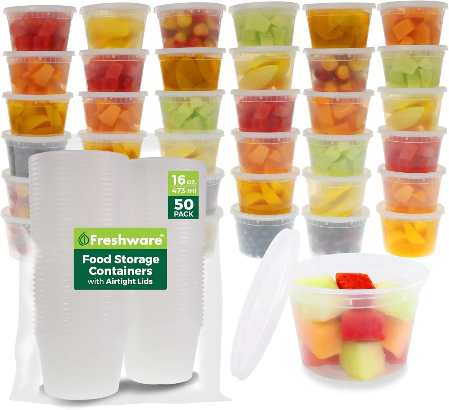 FRESHWARE 16 oz Stackable Reusable Airtight Waterproof Deli Containers with Lids (50 Set) - BPA-Free Plastic, Leakproof, Microwave & Freezer Safe, Portable Kitchen Food Storage Containers, Stackable Storage Containers