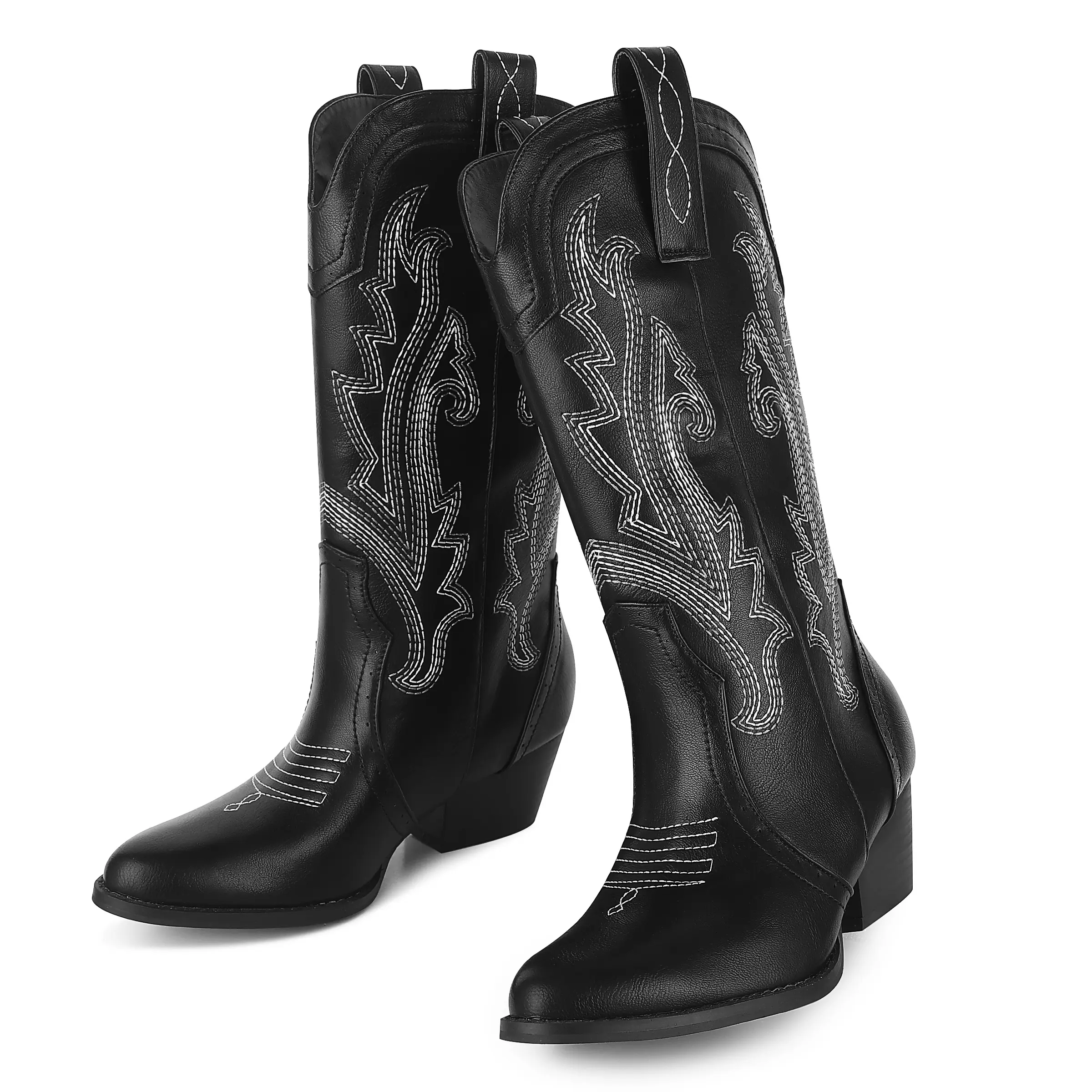 Women's Mid-Calf Denim Embroidered Boots - Pointed Toe, Thick Heel, Comfortable Design, Durable PU Fabric Shoe for Women's Footwear Needs