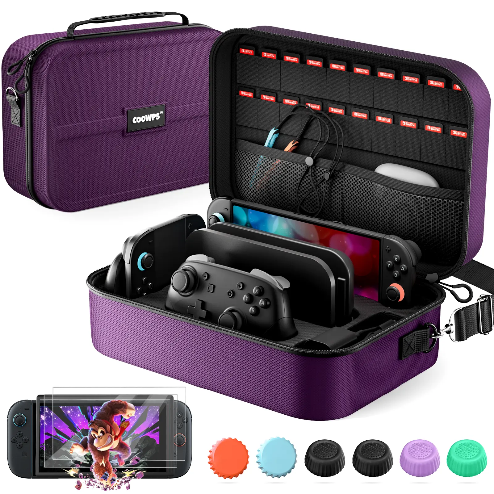 COOWPS Hard Shell Carrying Case Cover for Nintendo Switch 2 -2-Year Durability,  Adjustable Shoulder Strap, Zipper Closure,2 Screen Protectors, 6 Thumb Grips, 20 Game Card Slots, Starter and Deluxe Bundle are available,Travel Storage Accessory, Accessorie