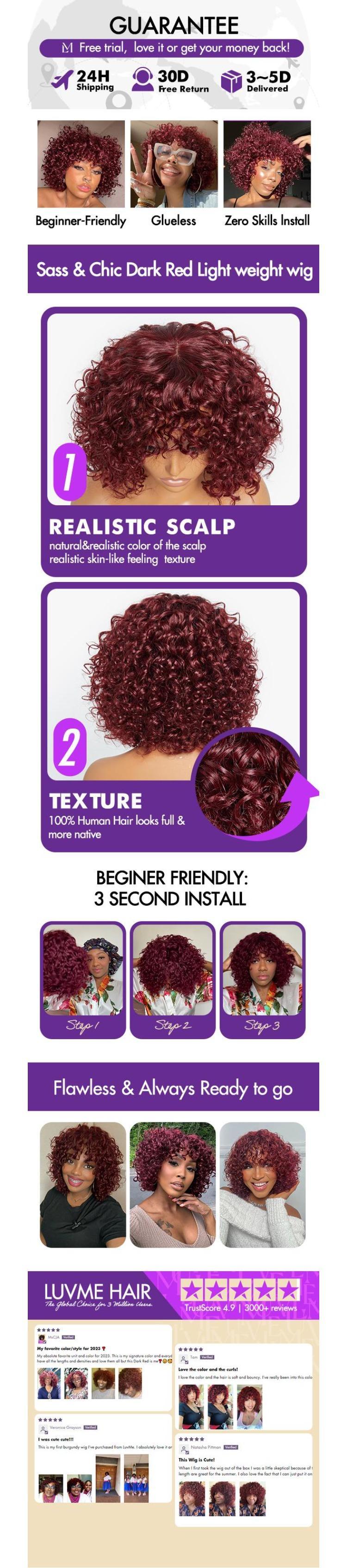 【LIVE】Luvme Beginner Friendly Dark Red Water Wave Glueless Minimalist Lace Wig With Bangs