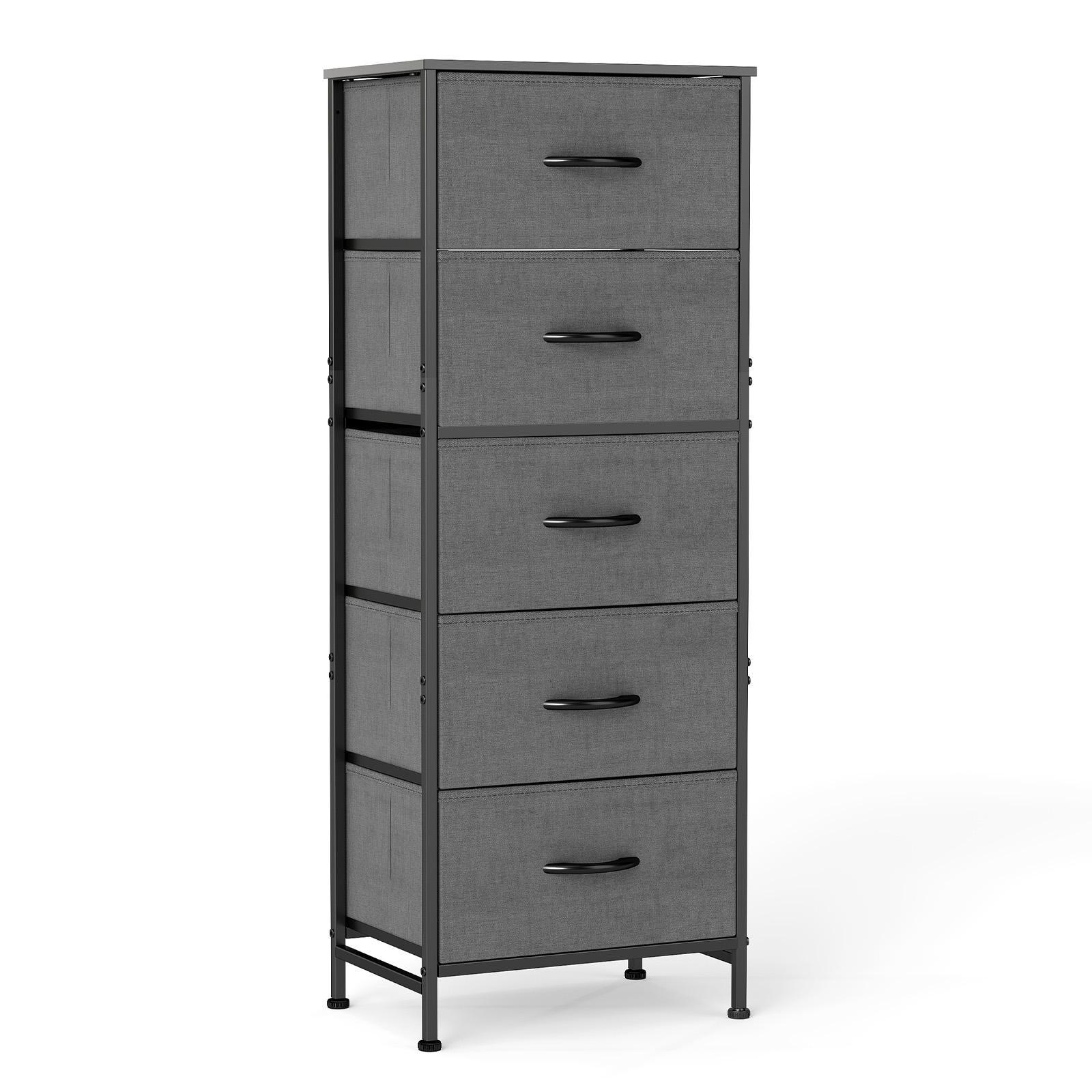 5 Drawer Fabric Dresser Tall Storage Tower with Wood Top Sturdy Metal Frame Large Capacity Chest of Drawers for Bedroom Closet or Hallway Available in Multiple Colors