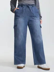 BLOOMCHIC Women's Plus Size Super-Soft Stretchy Back Waistband Wide-Leg Jeans [M-6X] - Spandex-Cotton Fabric Bottoms, 2026 Summer Vibes Streetwear, Blue Fit