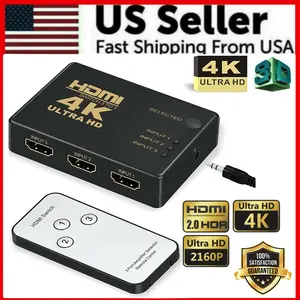 4K HDMI 2.0 Cable Splitter Switcher Box Hub IR Remote Control 3X1 Power 3 to 1 Ultra HD 2160P 2.5Gbps High Performance for Computer & Tablet