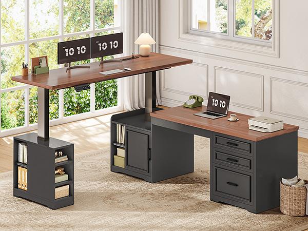 SEDETA Farmhouse L Shaped Electric Standing Desk, 63" x 67" Height Adjustable Home Office Executive Desk with Drawers and Shelves, Standing Computer Desks with Power Outlet for Home Office