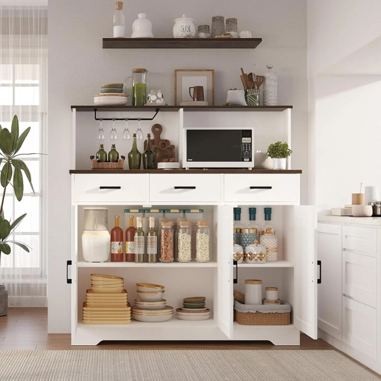 Microwave Cabinet with Three Drawers  Double-Sided Modern Kitchen Furniture  Kitchen Storage Cabinet with Drawers and Doors Microwave Storage Cabinet Multi-Door Microwave Stand  White
