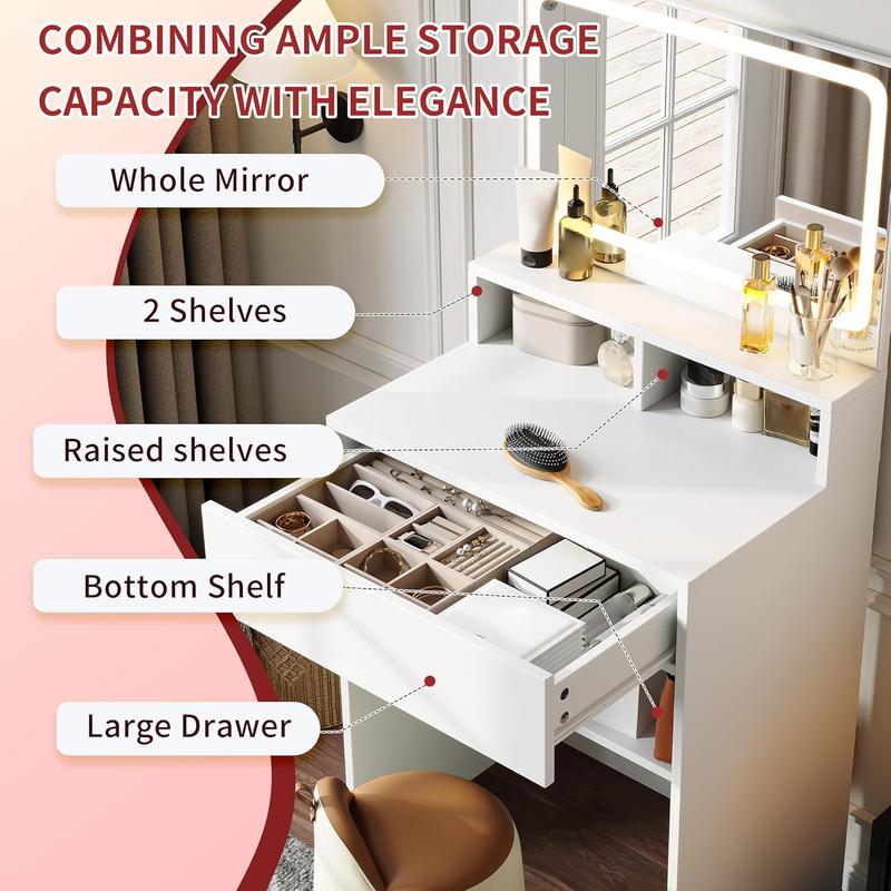 Modern LED Vanity Table, Makeup Desk with HD Large Mirror&Lights 3 Color Modes,Drawers&Shelves, for Girls Bedroom,Perfect Gift for Her – bedroom essential Modern LED Vanity Table, Makeup Desk with HD Large Mirror&Lights 3 Color Modes,Drawers&Shelves, for Girls Bedroom,Perfect Gift for Her – bedroom essential