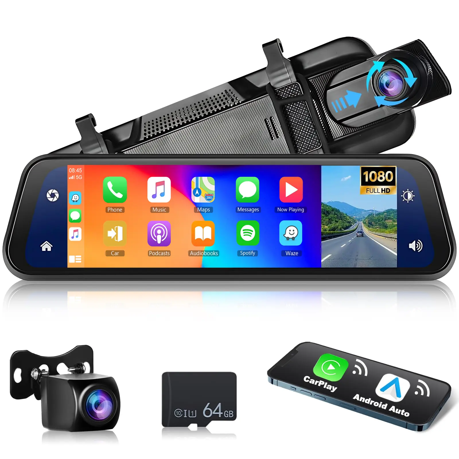 2.5K Vehicle Rear View Mirror Dash Cam Recorder with 9.66-Inch IPS Touch Screen, In-Mirror Smart Front & Rear Backup Camera, Wireless CarPlay & Android Auto, Driving Safety Features, Blind Spot Monitoring, Parking Monitoring, 64GB Card for Cars,summervibe