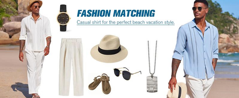 COOFANDY New York Fashion Week Mens Cuban Guayabera Lightweight Shirt  Casual Button Down Shirts Long Sleeve Beach Linen Shirts Menswear Tropical