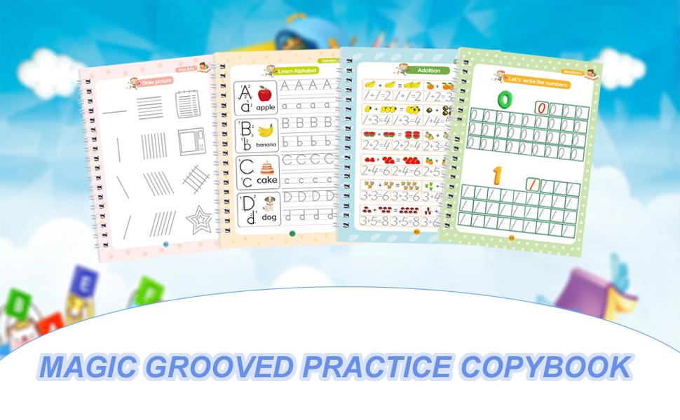 Reusable Grooved Handwriting Workbook for Kids, Learning Materials, 4 Books–Early Elementary, Covers Math, Words, Drawing –Gift for Children