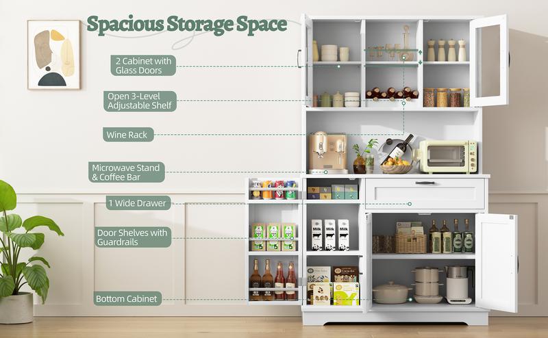 Walsunny Kitchen Pantry Storage Cabinet, Freestanding Buffet Cabinet with Microwave Stand, 4 Door Shelves, Adjustable Shelves & Wine Rack, White