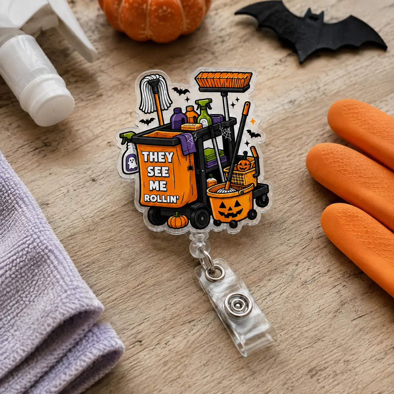 They See Me Rollin Badge Reel, Halloween Housekeeping Cart Acrylic Badge Holder with Retractable Clip for Custodians and EVS Staff