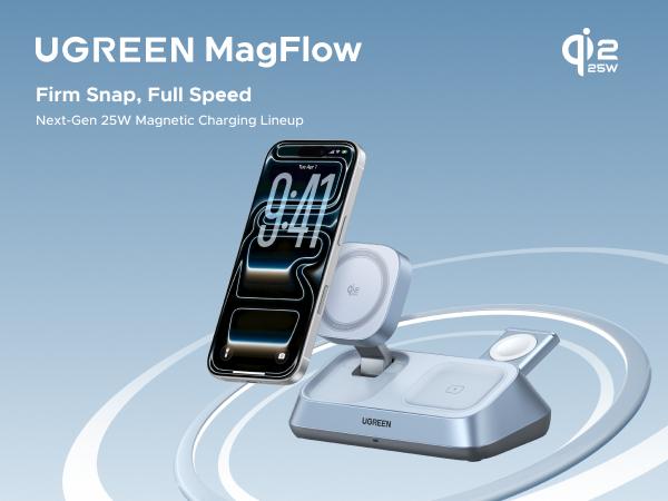 UGREEN 25W Qi2 Certified 3-in-1 Magflow Wireless Charging Stand, Magsafe Fast Wireless Charger for iPhone 17/16/15/14/13/12, AirPods and Apple Watch, Desk Stand with Adjustable Angle,（No battery）TikTokShopBlackFriday ,TikTokShopJumpstartSale