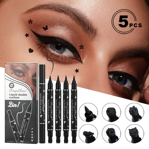Dragon Ranee Women's Double-Ended Eyeliner Stamp Pen Set (5 Counts) - Cosmetic Eye Makeup Tool with Heart, Flower, Star, Dot Shapes, Waterproof Precision Formula, Long Lasting Wear, Dual-Ended Usage