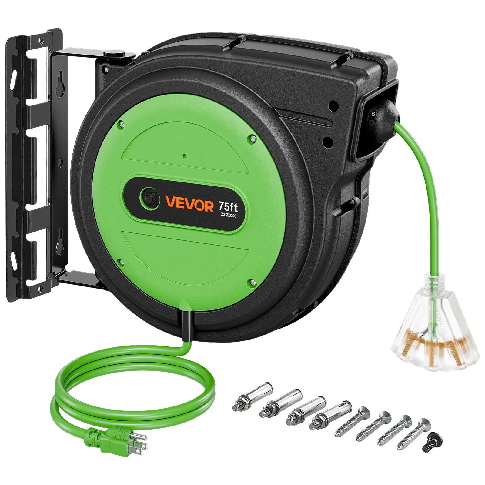 VEVOR Round Retractable Extension Cord Reel - 75FT Heavy Duty 14AWG/3C SJTOW Green, Outdoor Safe, Ceiling/Wall Mountable, 13A Circuit Breaker, Automatic Retraction, Lighted Triple Tap, 180° Swivel Bracket