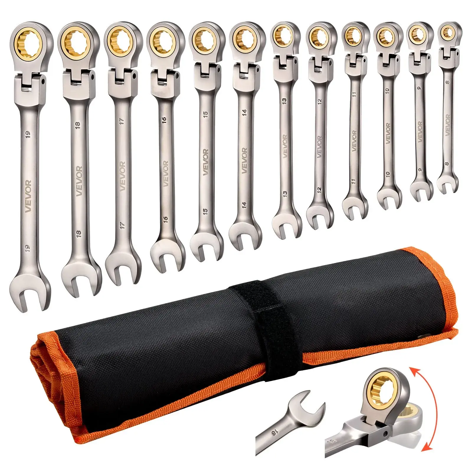 【Summerfinds】VEVOR 12pcs Flex-Head Ratcheting Wrench Set - SAE & 8 mm to 19 mm Cr-V Steel Multifunctional Wrench Set with Roll-Up Pouch, Built for Long-Lasting Daily Use for Automotive Users & Household Repairs, Silver
