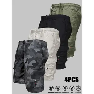 4pcs Men's Loose Fit Elastic Waist Cargo Shorts - Mixed Colors, Side Pockets, Comfortable for Summer Outdoor Leisure and Work Activities