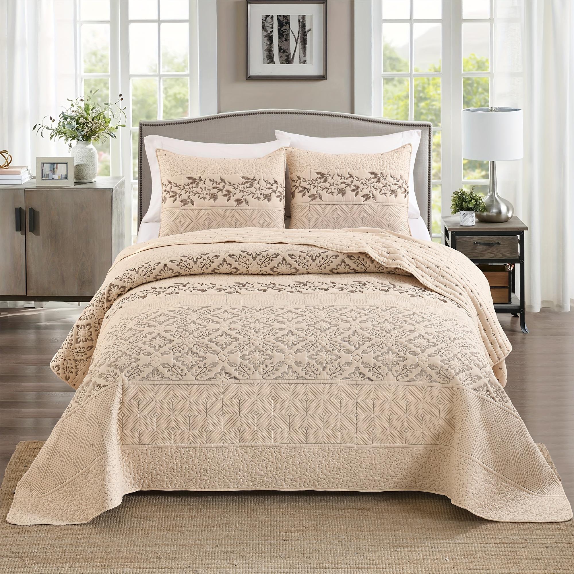 Luxury Embroidery 3-PC Quilt Set | Textured Floral & Geometric Pattern Bedspread, 5-Star Hotel Style Bedding for Discerning Homeowners