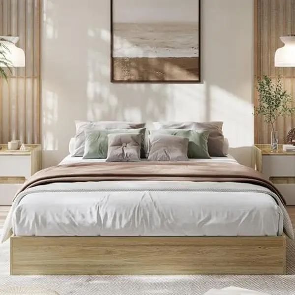 King Size Natural Wood Platform Bed Frame - Floor-Standing, Wooden Slat Support, Effortless Assembly, No Box Spring Needed, Industrial Chic, Minimalist Charm, Queen Size Indoor Furniture Set