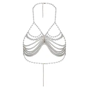 Pearl Body Chain Chest Jewelry Halter Neck Adjustable Body Chain Bra for Women for Beach Party Club