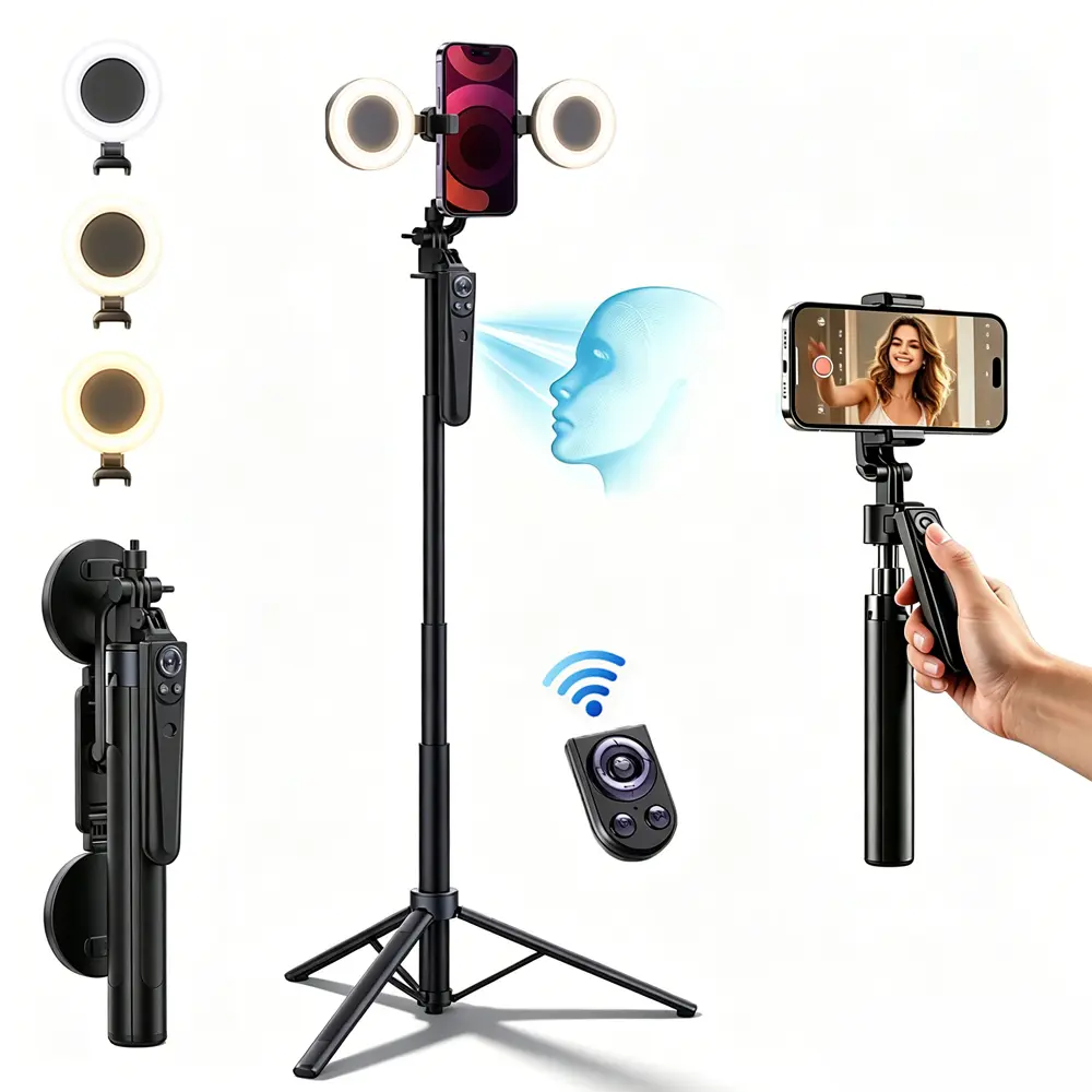 NexPod 70.9" Auto Face Tracking Tripod with Gesture Control & 2 Fill Lights for Content Creators, 360° Rotatable Smart Selfie Stick Stand for TikTok Live, Vlogging & Content Creators (iPhone/Android), Phone Tripod for Android Camera/GoPro,back to school