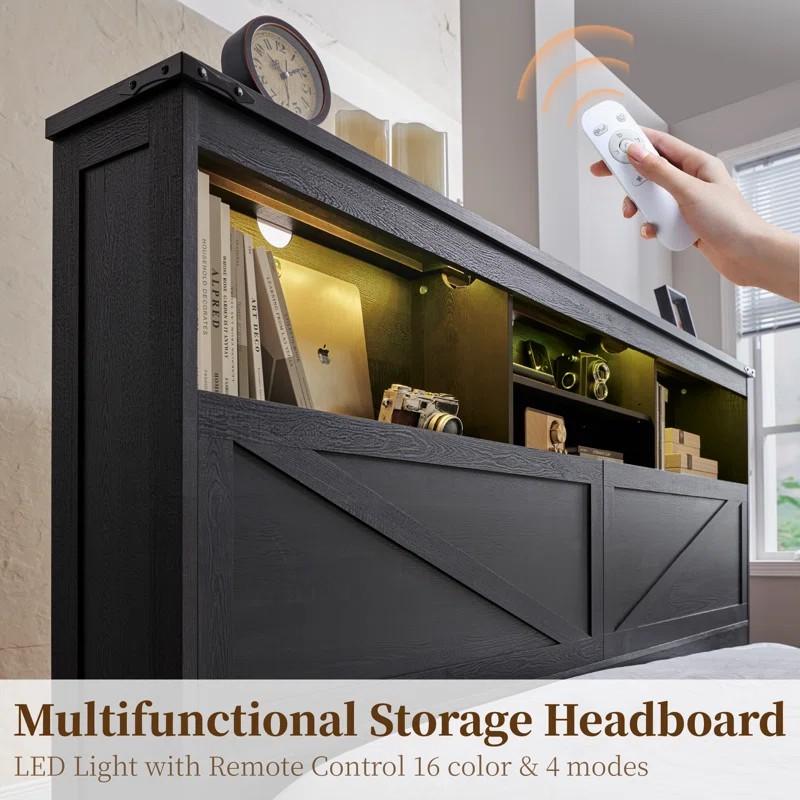 LINGMU Modern King Size Storage Bed Frame with 52” Tall Headboard, Noise-Free Slat Support, 4 Drawers & 2 Cabinets, Black