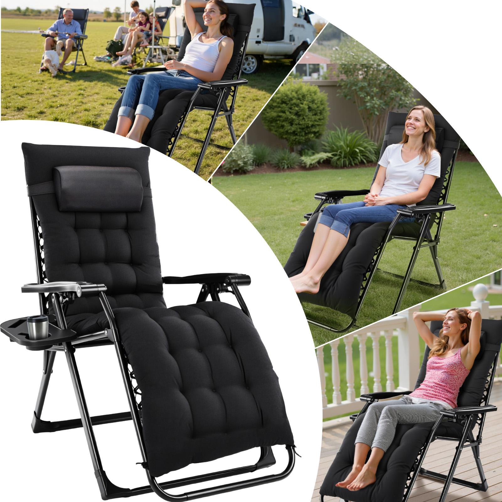 Zero Gravity Reclining Lounge Chair with Cup Holder & Pillow - Foldable Patio Chair, 440lbs Capacity, Adjustable with Removable Cushion for Backyard, Pool, Camping