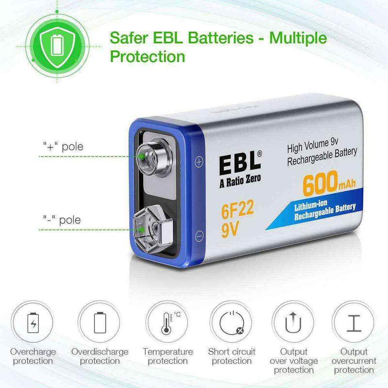 EBL 2/4Pcs 9V Li-ion Rechargeable Batteries with 6F22 9V Battery Charger