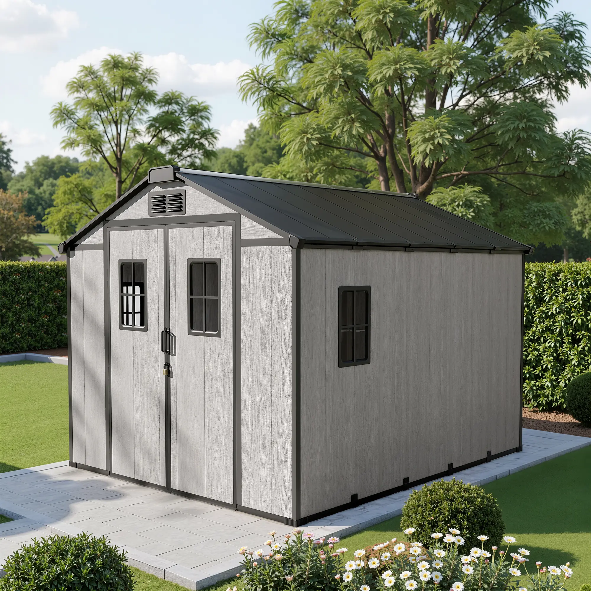 【Summerfinds】OVIOS 8' x 10' Resin Outdoor Storage Shed with Floor, Weather-Resistant Garden Shed with Skylights, Vents & 4 Windows for Lawn Mower, Bikes, Garden Tools & Pool Supplies, Gray