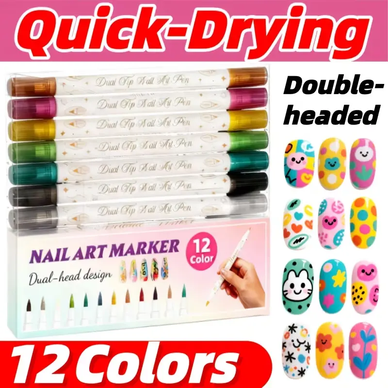 12-Colors Nail Art Paint Brush Set | Fast-Drying AcrylicDotting Pens, Full-Color Nail Dotting Tools, Suitable forHome Use, Valentine' s Day, Mother' s Day, Nail DottingTools, Nail Line Drawing Tools, DIY at Home
