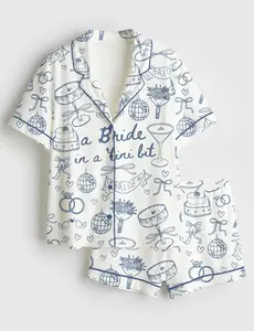 Women’s Espresso Martini Bachelorette Party Bride In A Tini Bit Martini Print Short Sleeve Satin Pajama Set, Kawaii Cartoon Pajama Set Women, Button Down Summer Sleepwear