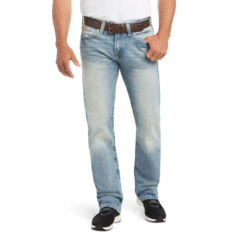 Ariat Men's M7 Rocker Jeans - Stirling Medium Wash, Low Rise, Stackable Straight Leg Stretch Denim, Deep Pockets, Zippers, Menswear Pants, Stylish, Fashion Apparel, Faded Look, Rocker Edge, Hardware, Western Style, Best-Of-Both-Worlds Look, Hand Sanding,,