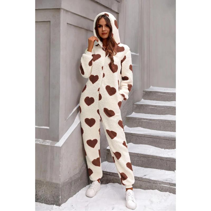 Fuzzy Heart Zip Up Hooded Lounge Jumpsuit