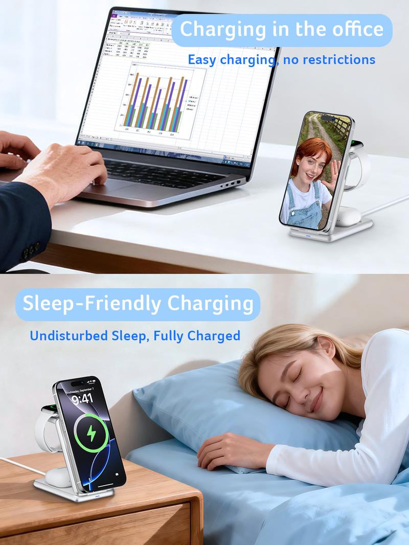 Acer 3 in 1 Wireless Charging Station, MagSafe Charger Stand Compatible, Qi2 15W Certified Palm-Sized Foldable Charger for iPhone 17/16, Apple Watch, AirPods (Non-Battery, Adapter Included)