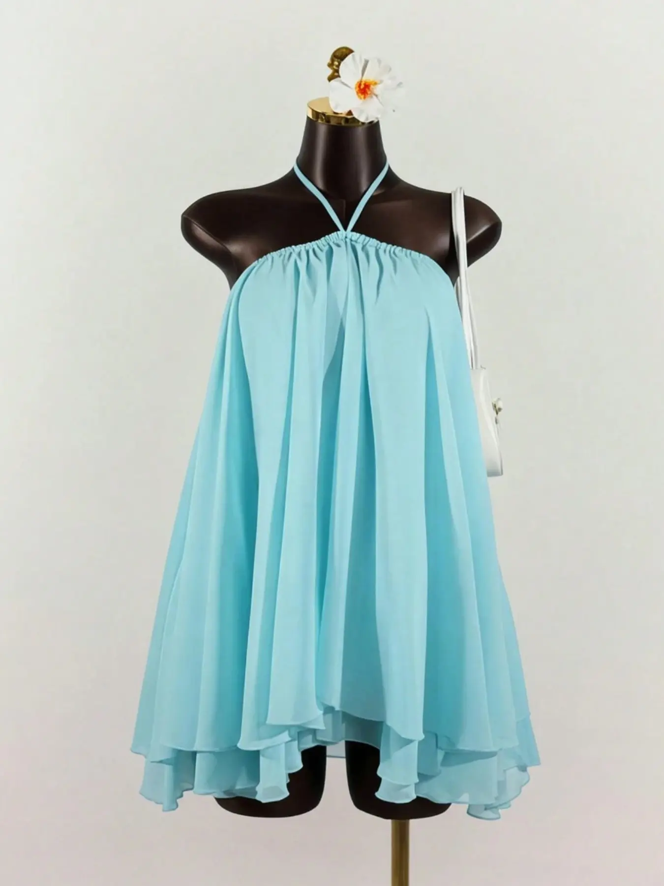 Women's Chiffon Layered Ruffle Sleeveless Halter Mini Dress, Elegant Chic Summer Fashion, Lightweight & Breathable, Airflow Tiered Dress, Formal Party Dress, Chiffon Cocktail Dress, Elegant Party Apparel