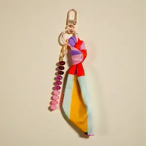 Bright Plaid Silk & Gemstone Bag Charm