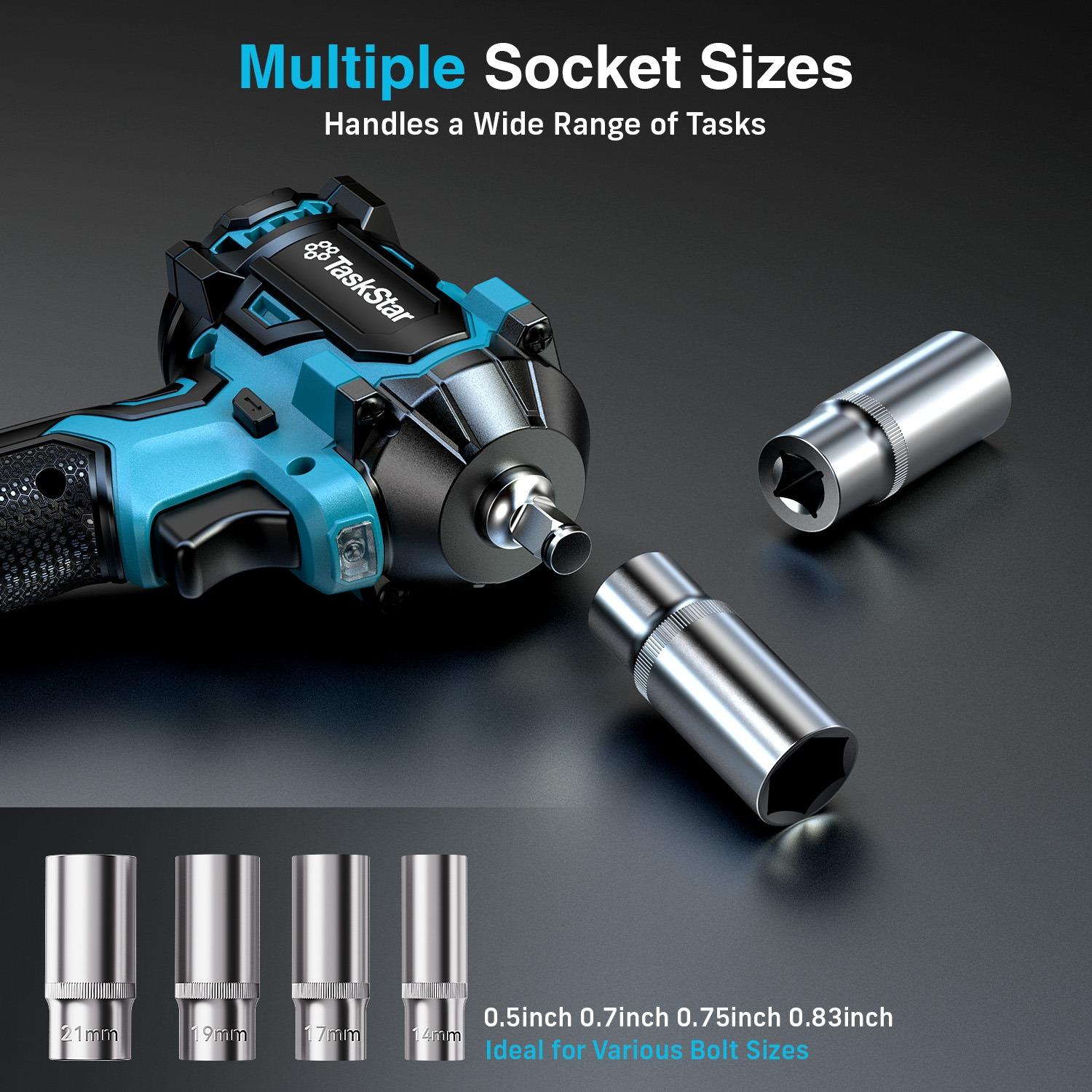 TaskStar 450N.m Cordless Impact Wrench 3/8 Inch(330Ft-lbs)  with Two 4000mah Battery, four Sockets, Power Tool for Professional Mechanics & DIY Enthusiasts